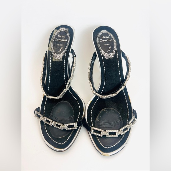 Rare vtg y2k Rene Caovilla Crystal Interlocking embellished double strap heels - Picture 2 of 14